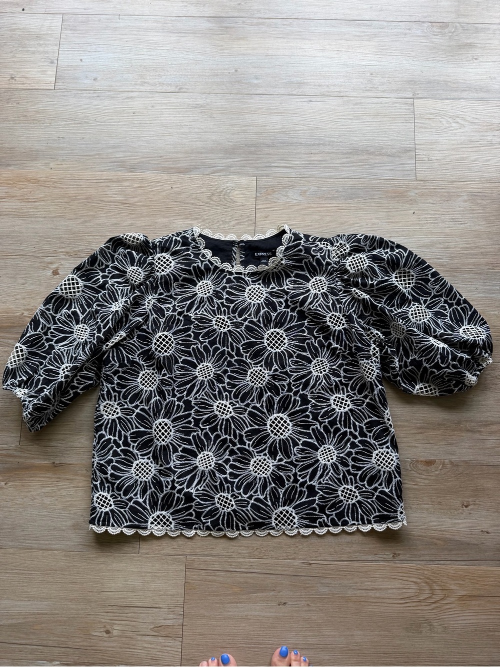 Express Black Top with White Floral Lace Puff Sleeves